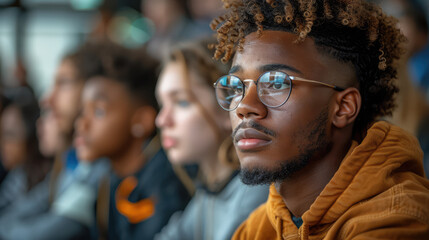 A diverse group of students attentively listening to a teacher in a modern classroom, with digital devices in use