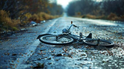 A bicycle lies abandoned on a wet road, surrounded by fallen leaves and debris. The road stretches into the distance, disappearing into a haze of trees.