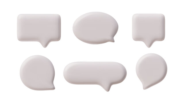 3D glossy empty white speech bubbles various shapes vector set, render circle, rectangle message text bubble volume form