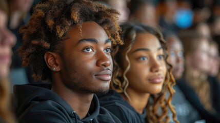 A diverse group of students attentively listening to a teacher in a modern classroom, with digital devices in use
