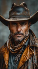Naklejka premium A close-up portrait of a rugged cowboy wearing a brown leather jacket, a patterned bandana, and a wide-brimmed hat. He stares directly at the viewer with a serious expression.