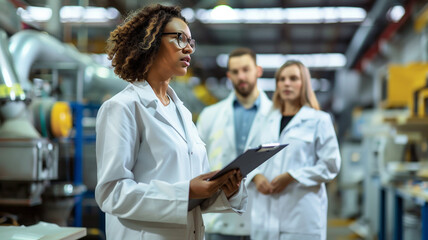 Black woman in charge with a clipboard with her subordinates standing behind her in lab coats as she explains the upcoming procedure.