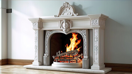 modern fireplace with a small white ceramic vase. The room has white walls and is decorated in a modern boho style,