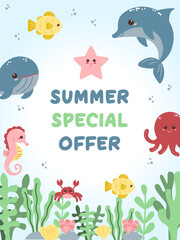 Banner summer special offer. sea animals. cute fish. vector poster