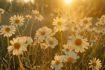 A sunny day scene with a field of daisies and a beautiful sunset in the background © Fotograf