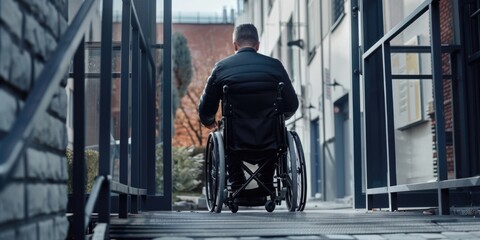 A person in a wheelchair navigates a flight of stairs, providing access and mobility