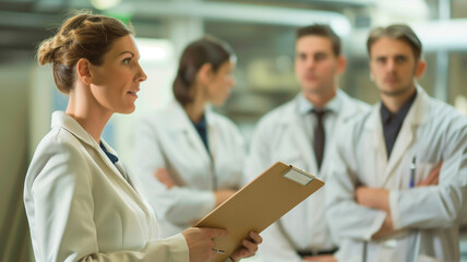 Fototapeta premium Woman in charge with a clipboard with her subordinates standing behind her in lab coats as she explains the upcoming procedure.