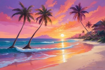 Tropical pink orange purple warm glowing sunset beach with palm trees. 