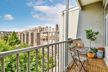 Urban balcony oasis with cozy decor and city view