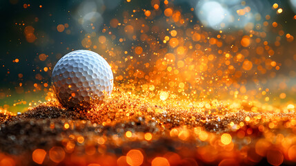 A white golf ball is on a sandy surface with a lot of dust and debris. The ball is surrounded by a lot of dirt and sand, and it is in the process of being hit by a golf club