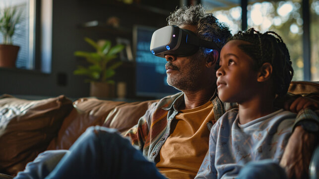Grandfather and Grandson Exploring Virtual Reality Together - Powered by Adobe