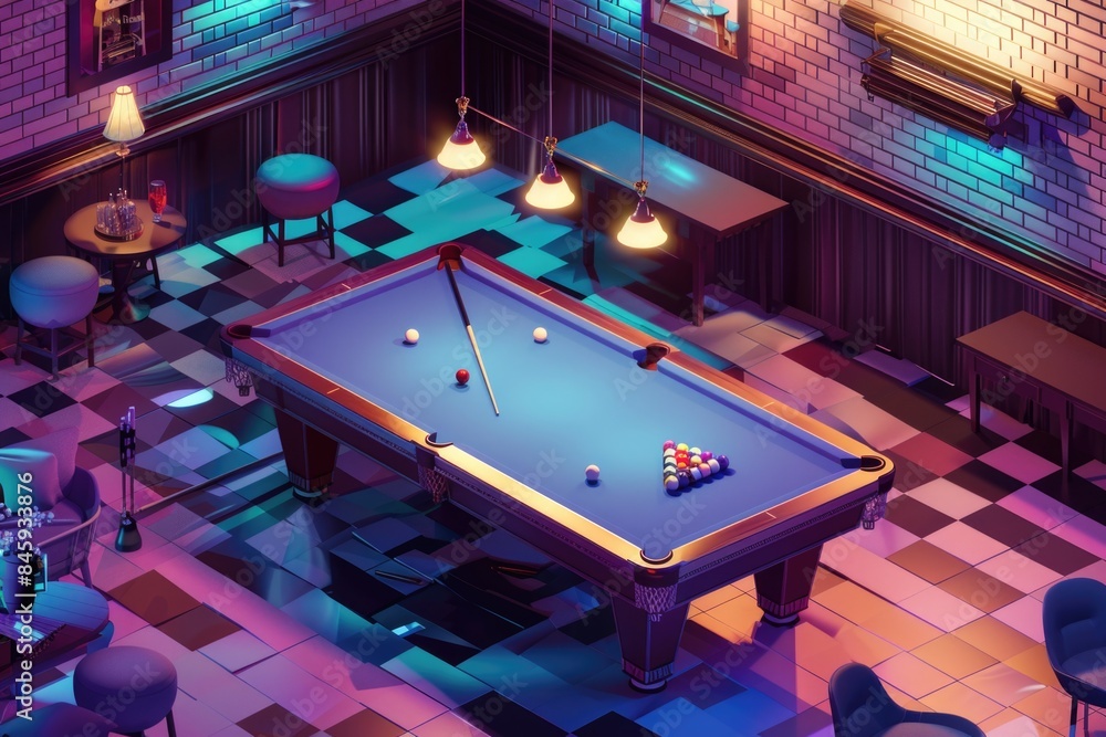 Aufkleber a pool table in a room with a checkered floor