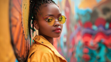 Fototapeta premium South African female model with dreads and sunglasses posing in a yellow jacket outside of a Johannesburg cafe.