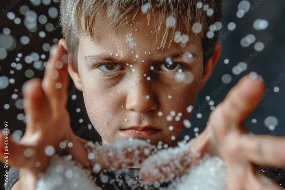 Canvas Prints A young boy standing in front of a pile of snow, with his hands held out