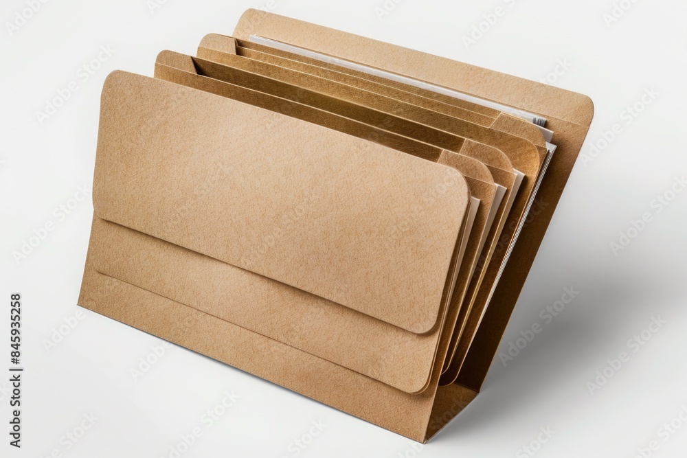 Poster a group of brown folders stacked on top of each other, great for organizing and storage