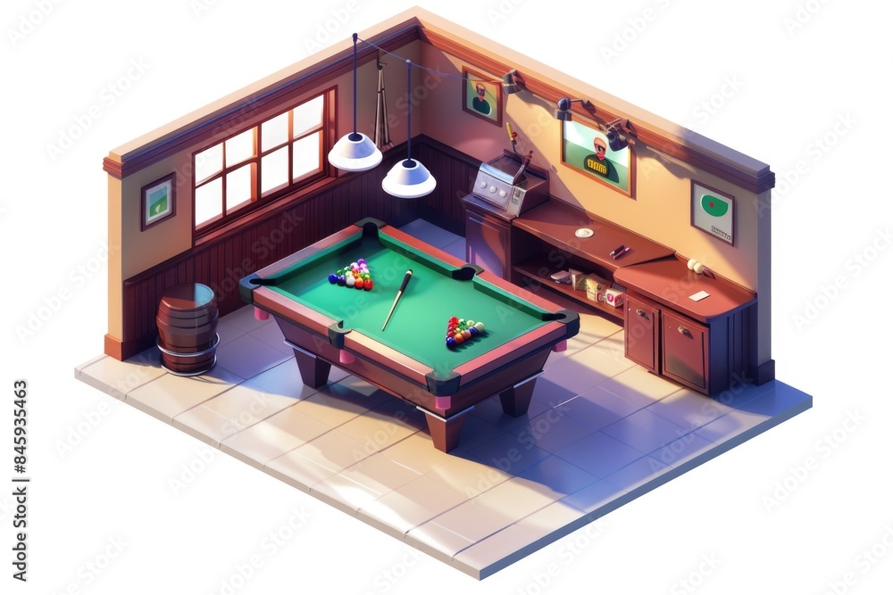 Poster a pool table situated in a room with a bar