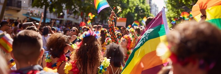 Fototapeta premium People celebrate at a Pride parade, holding rainbow flags and cheering