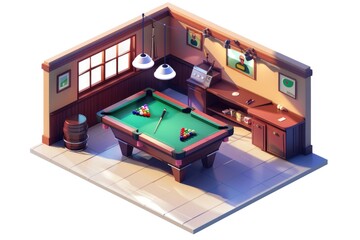 A pool table situated in a room with a bar