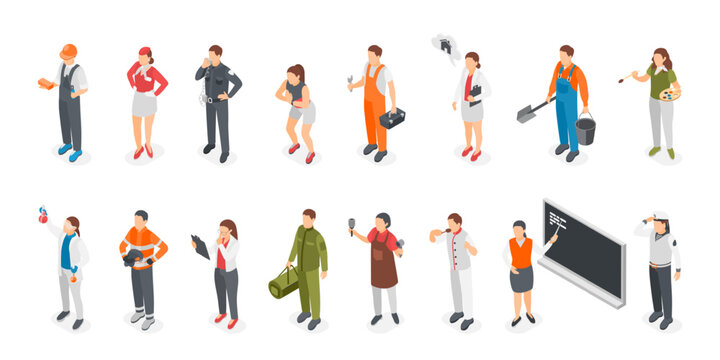 Isometric different professionals. People wear uniform, workers in various professions. Teacher and scientist, chef and seaman, flawless vector set