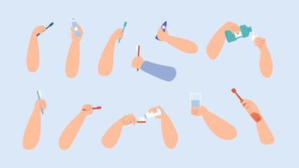 Dental and oral hygiene. Teeth brushes, pasta tubes in human hands. Adults children clean tooth and use rinse aid. Stomatology vector elements