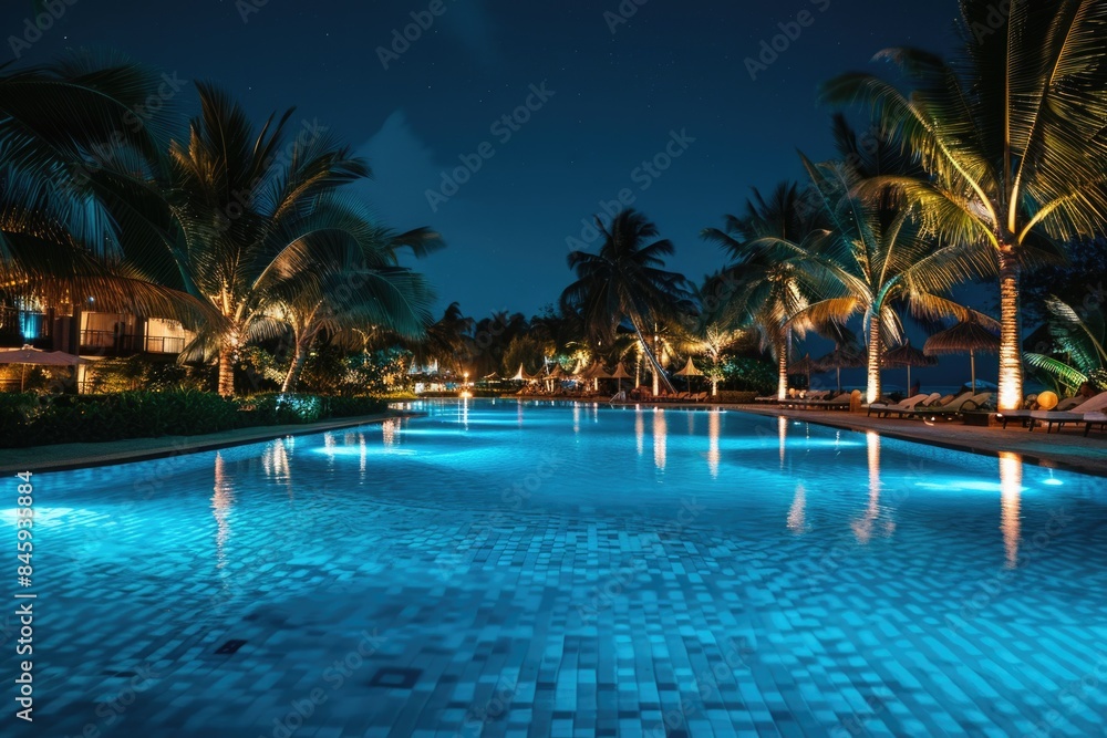 Poster a serene outdoor space with a long pool and palm trees in the background, ideal for relaxation and r