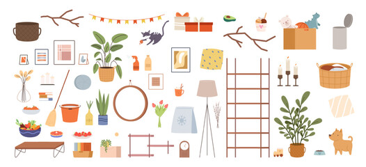 Obraz na płótnie Canvas Home accessories big set. Pictures candles shelf wall mirror plants toys in card box. Cleaning tools, broom bucket and basket. Food, furniture and pets vector clipart