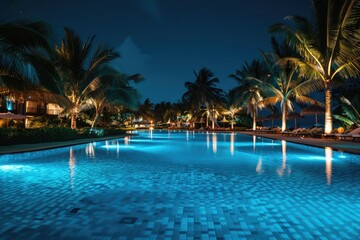 A serene outdoor space with a long pool and palm trees in the background, ideal for relaxation and recreation