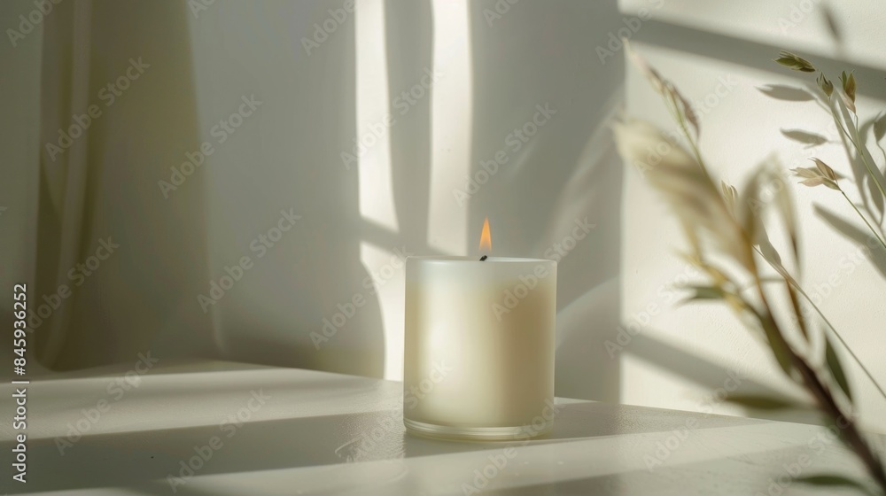 Poster A single white candle sits on a table next to a window, providing soft light and simplicity