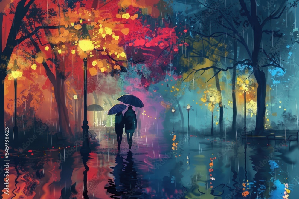 Poster a person is walking in the rain under an umbrella, great for use as a background or mood setter