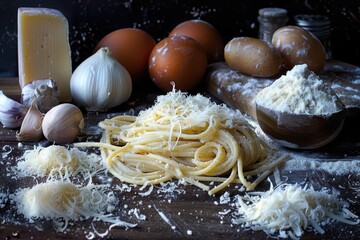 A wooden table topped with pasta and cheese