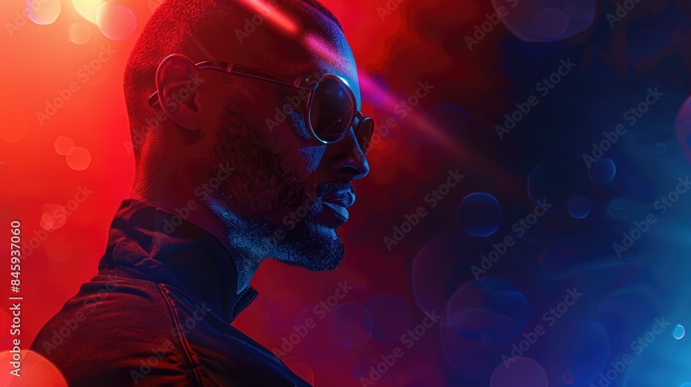 Poster a man wearing glasses and a leather jacket, suitable for use as a profile picture or in editorial co