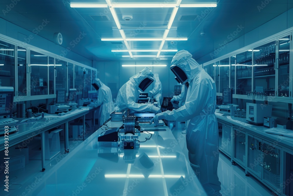 Poster a group of people in white coats and goggles working at various stations in a laboratory