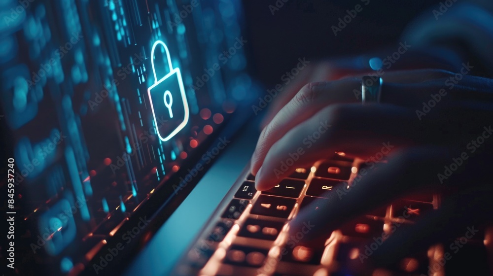 Poster A person sitting in front of a computer, typing away with a padlock on the keyboard