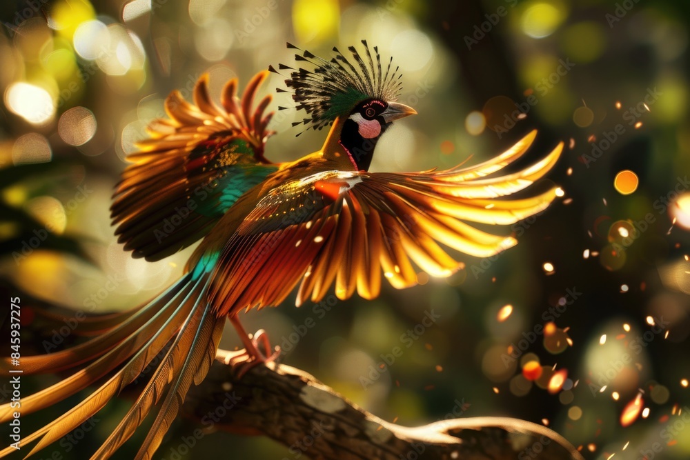 Poster a colorful bird spreads its wings on a tree branch, ready to take flight