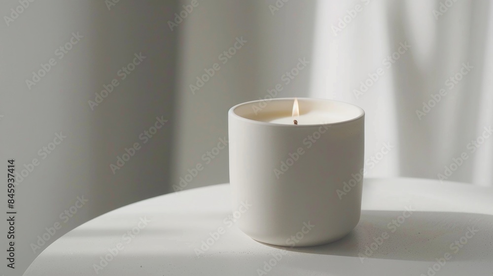 Poster a single white candle sits on top of a white table, providing a sense of simplicity and calmness