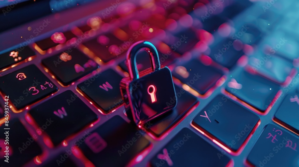 Poster A padlock sitting on top of a computer keyboard, ready for use
