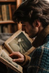 A person sitting at a table in a quiet library setting, engrossed in a book