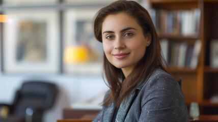 Confident young Russian female lawyer smiling and looking at the camera with a modern office backdrop.