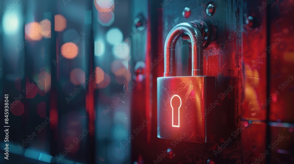 Poster A close-up shot of a red padlock with a glowing key inserted, symbolizing security and access