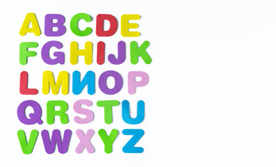 Coloured letters of the alphabet arranged on a white background with space on the right. Back to class.