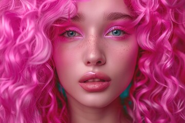 Fototapeta premium A portrait of a woman with bright pink hair, captured in a close-up shot