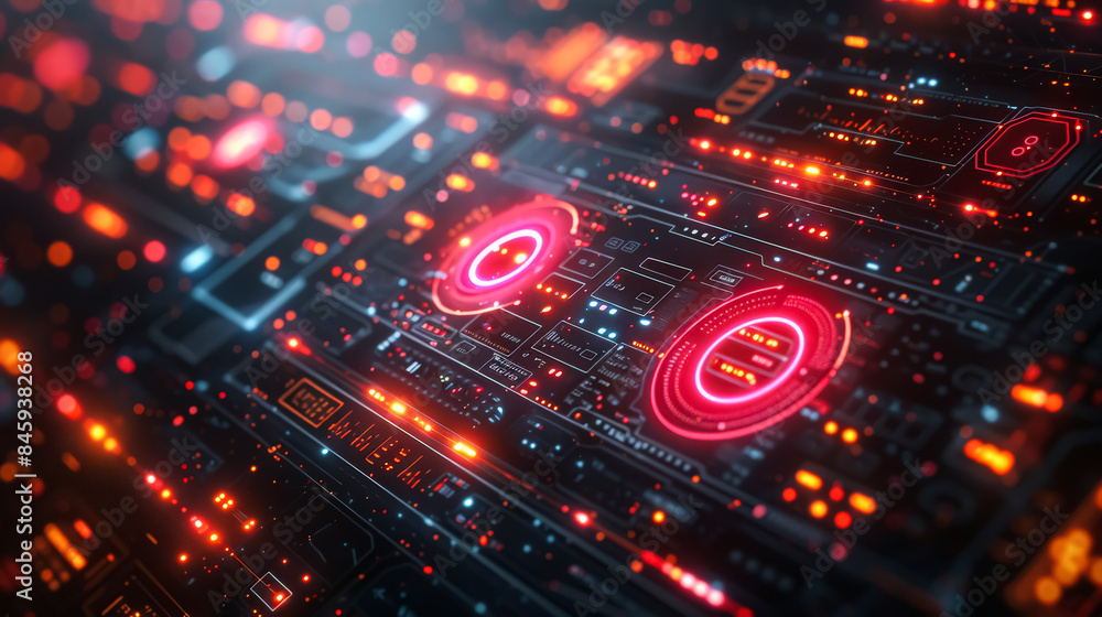 Poster a cityscape with a glowing red circle in the middle. the circle is surrounded by a network of glowin