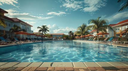 Swimming pool scene with lounge chairs and umbrellas, perfect for relaxation or summer vibes