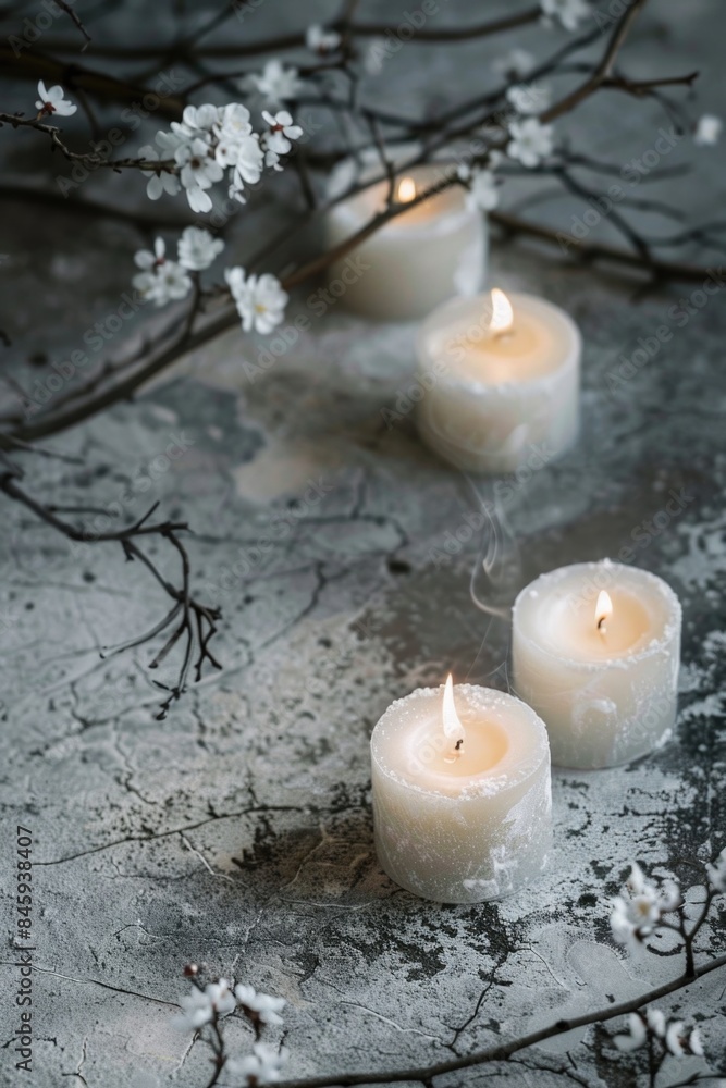 Poster a group of three lit candles sitting on top of a table, perfect for decorating or adding ambiance to