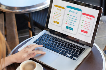subscription plan for online service, woman choosing online education course, SaaS concept software...