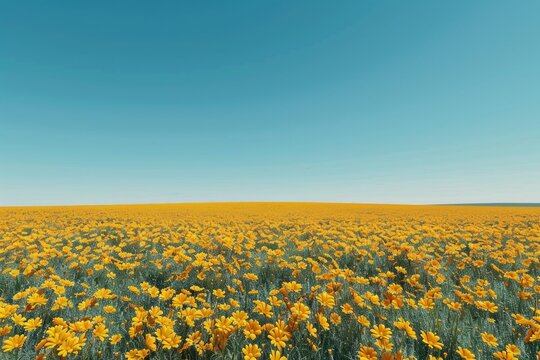 Field of bright yellow flowers with a clear blue sky above, great for nature or outdoor themed photos