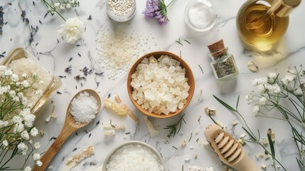 A table decorated with wooden spoons, salt, and flowers