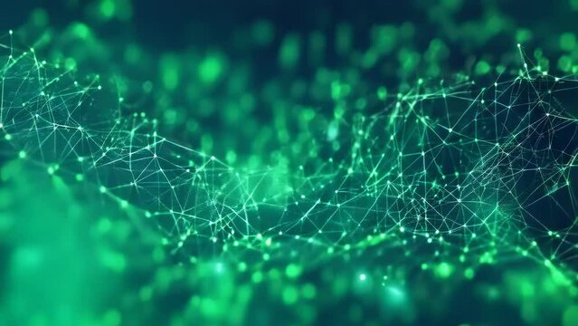 An abstract digital network displaying intricate glowing green nodes connected by lines, symbolizing data flow. The image creates a futuristic, high-tech ambiance with a vibrant green palette.