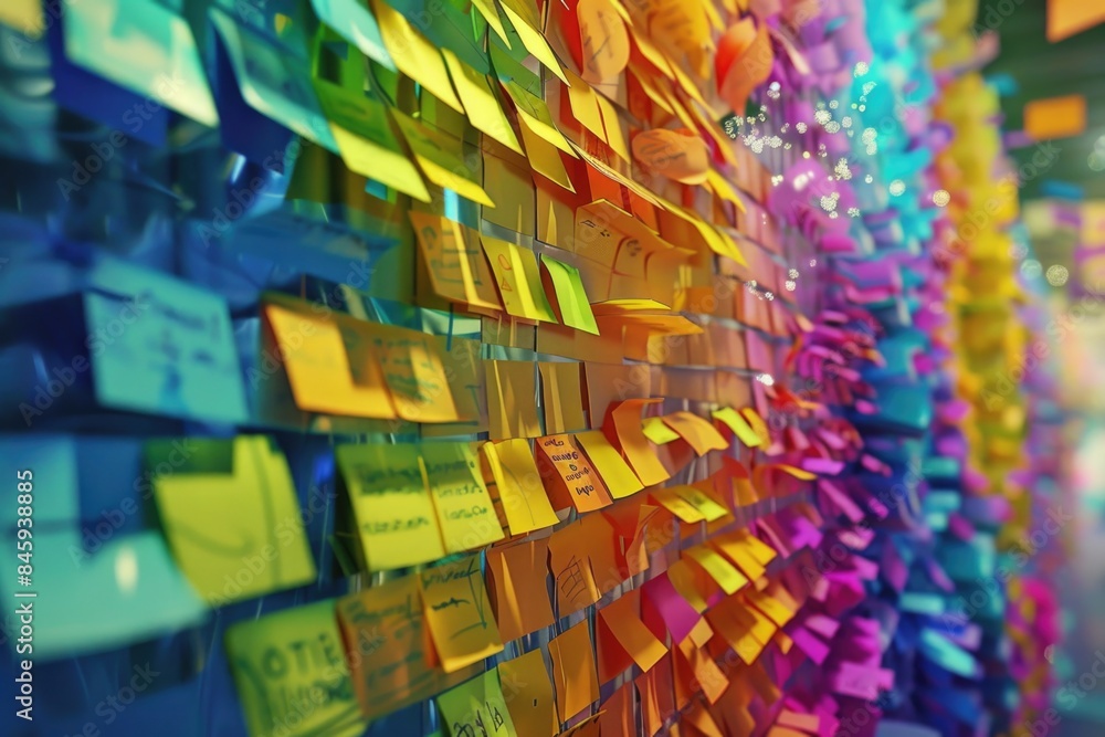 Poster A close-up shot of a wall covered with colorful Post-it Notes, ideal for use as an example of creative communication or brainstorming