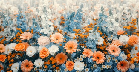 Fototapeta premium Vibrant Field of Flowers, Orange, Blue, and White Blooms on Right Side, Against Light Background